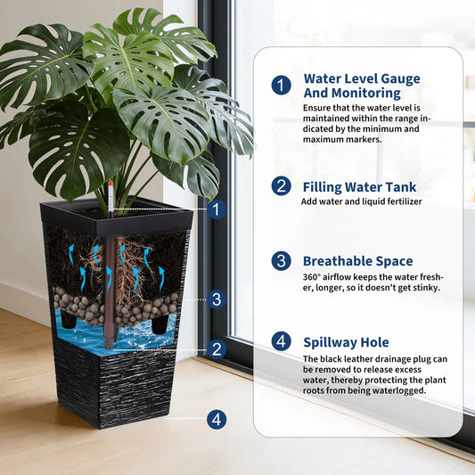 22.5'' Tall Planters Set Of 2, Self Watering Outdoor Indoor With Water Monitor System