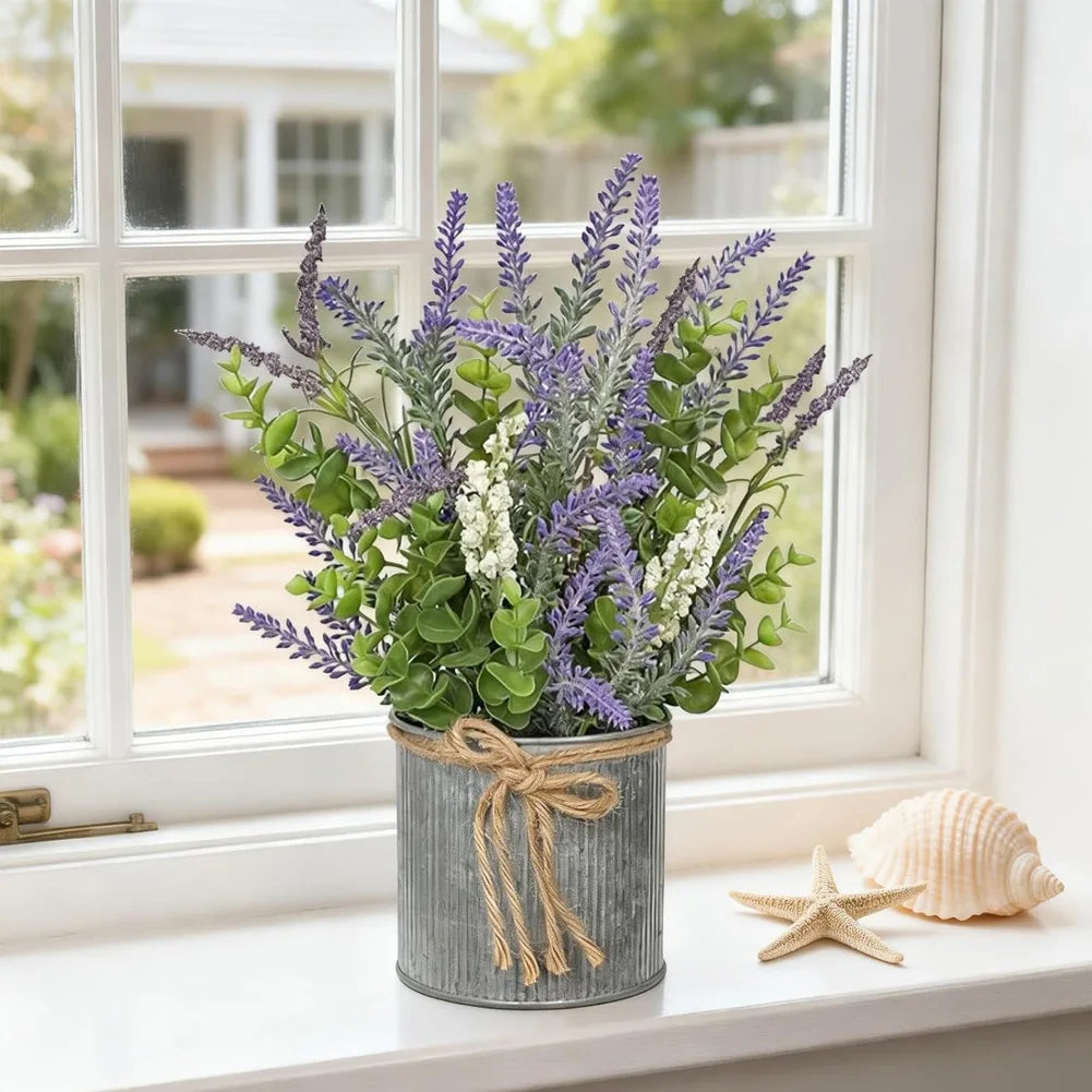 2-Piece Lavender Artificial Flowers & Foam Fruit+Eucalyptus Set, with Galvanized Metal Bucket