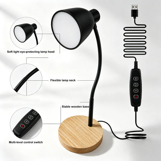 Desk Lamp ,Dimmable, with Flexible Gooseneck Black Metal Shade & Wooden Base USB Powered