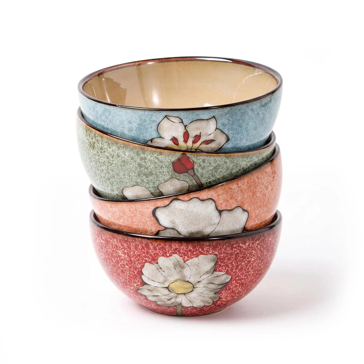 Set Of 4 Hand Painted Ceramic Cereal Bowls 6 Inch, Dishwasher Microwave And Oven Safe