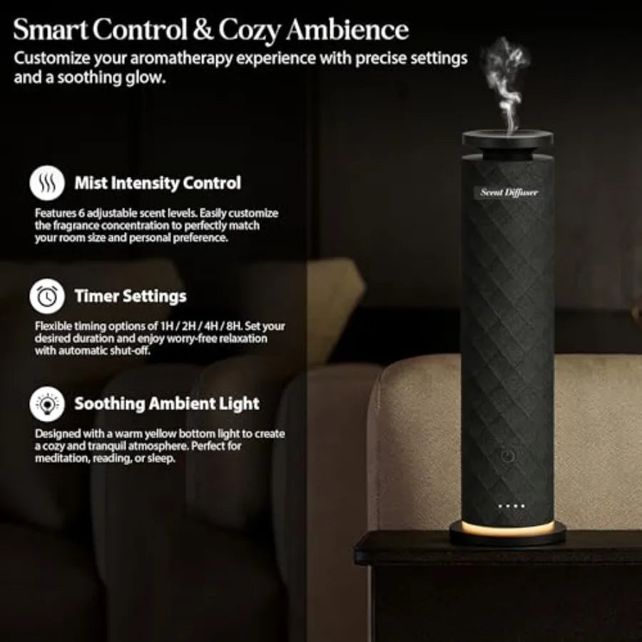 Waterless Scent Diffuser Starter Kit, Remote, USB Rechargeable, Tower Fabric Design in Black,