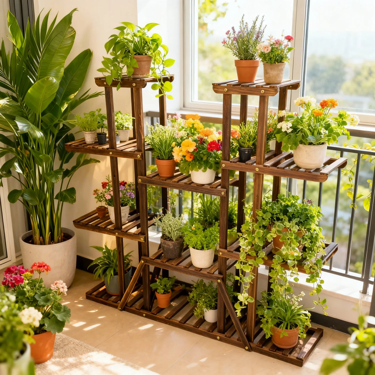 Large 11 Tiered Wooden Plant Stand Carbonized wood, Widen Pot Shelf Holder, Indoor Outdoor.....