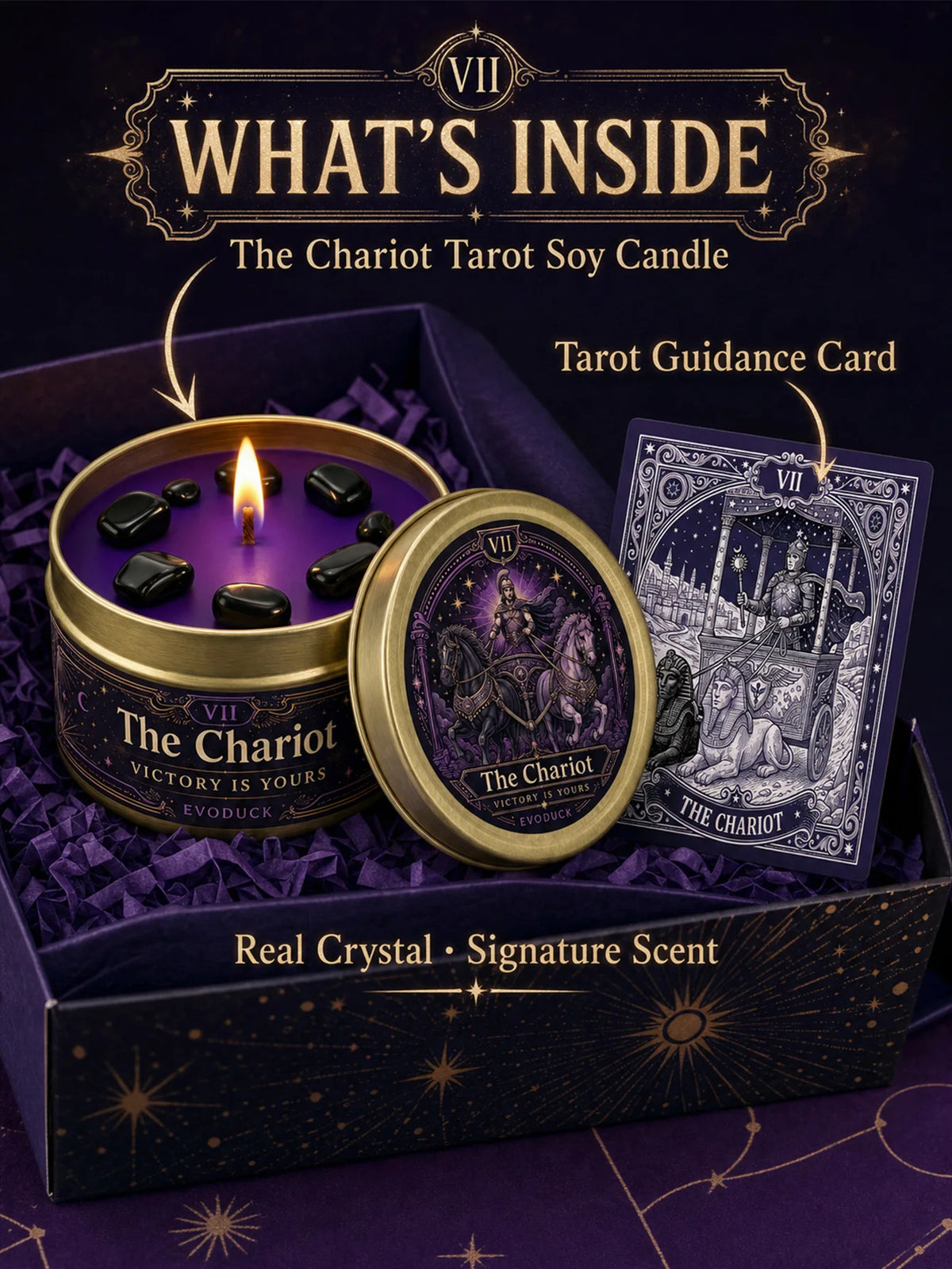3/2/1 Sets, The Chariot Tarot Candle with Black Crystal Stones, Purple Wax Scented for Meditation, 3 Oz....