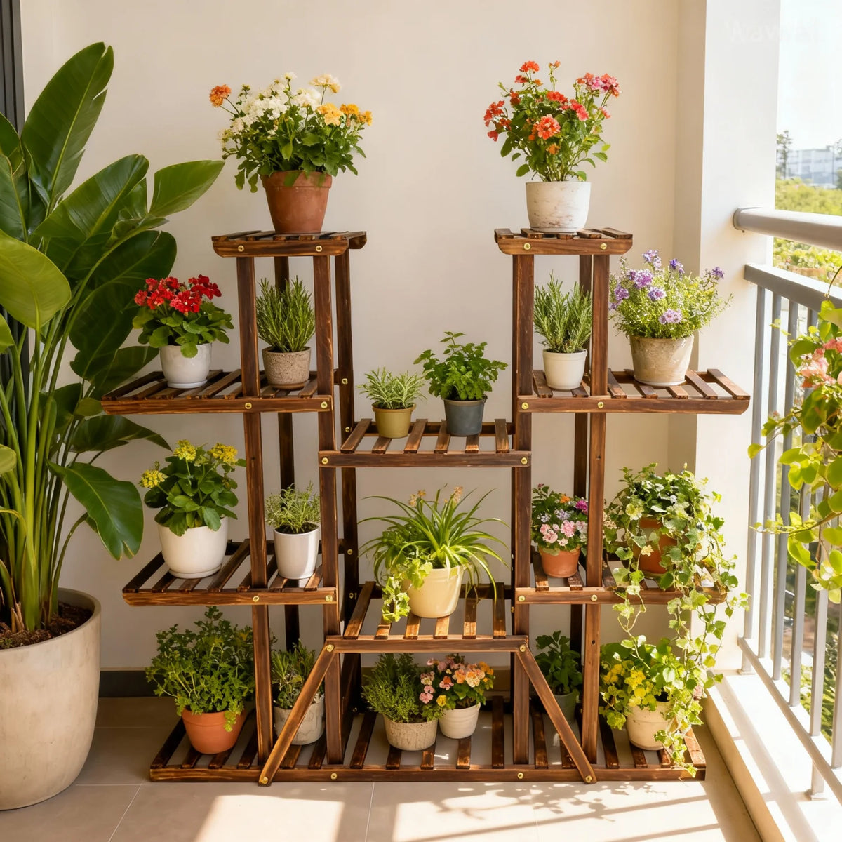 Large 11 Tiered Wooden Plant Stand Carbonized wood, Widen Pot Shelf Holder, Indoor Outdoor.....