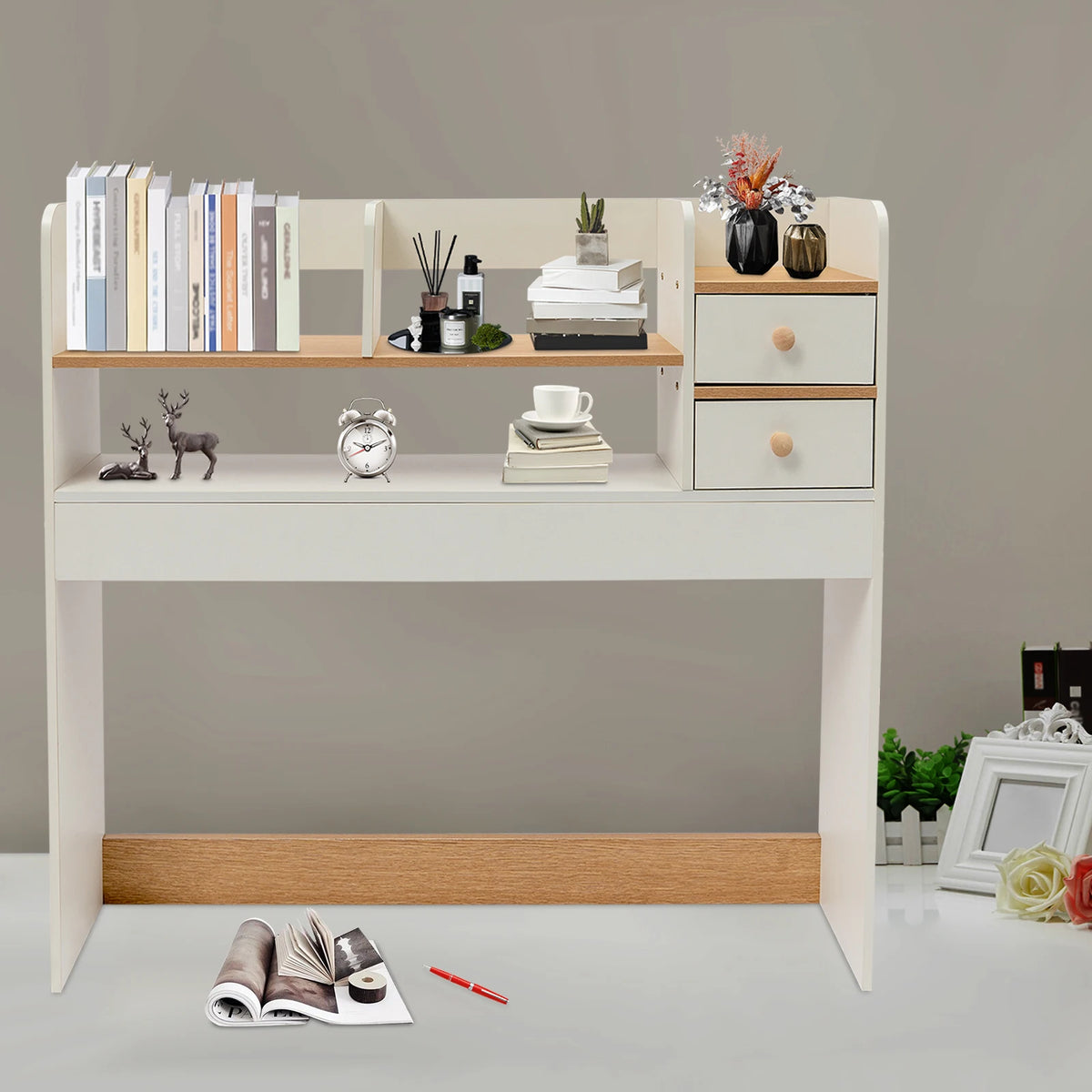 7-Compartment Wooden Desktop Bookshelf – MDF & Plywood Tabletop with 22.05lbs Load Capacity....