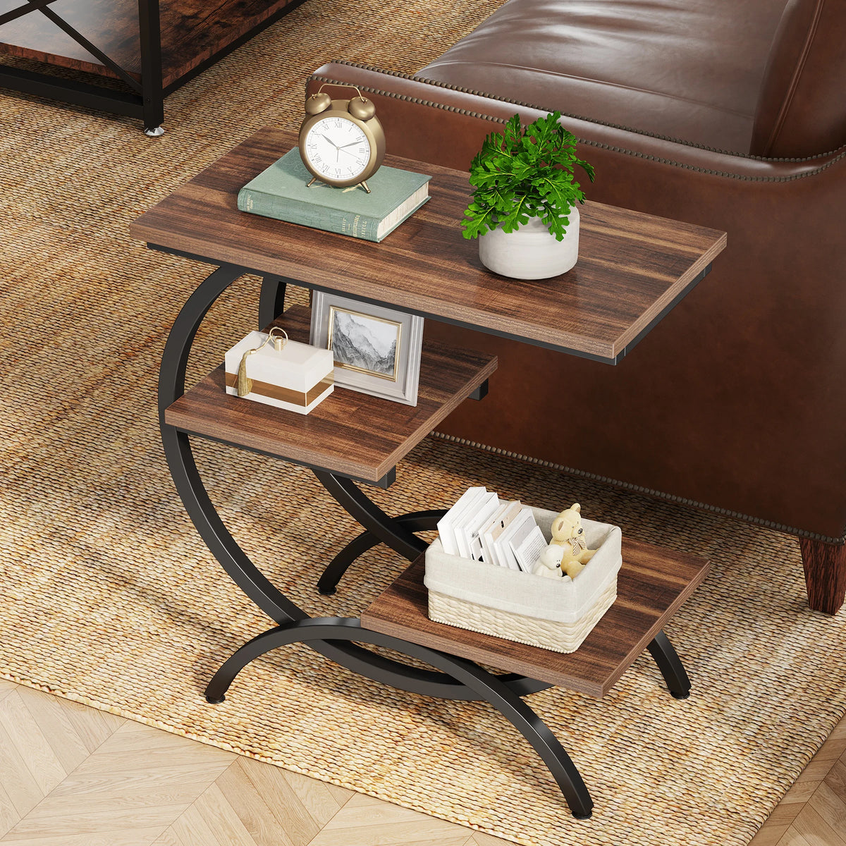 C-Shaped, Industrial 3-Tier Small, Wood Table with Storage Shelves