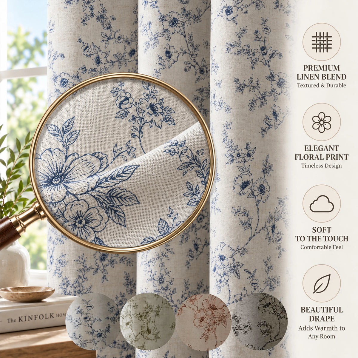 4 Panels, 4color Set Floral Print Blackout Curtains, Grommet Eyelet Energy, 4Sizes