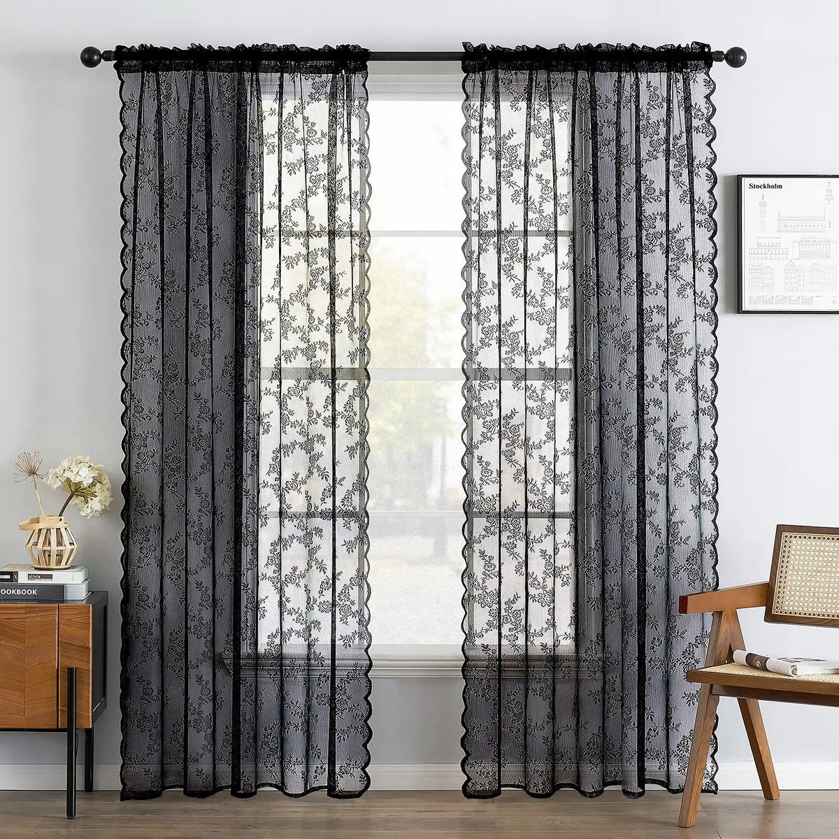2 Panels elegant solid-color sheer curtains with wave lace trim, 3 Colors, 3 Sizes....