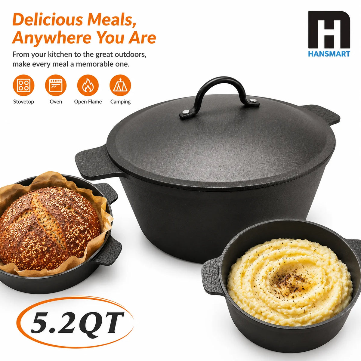 5.2Qt Lightweight Cast Iron Dutch Oven Honeycomb Base Non-Stick, Non- Stick.......