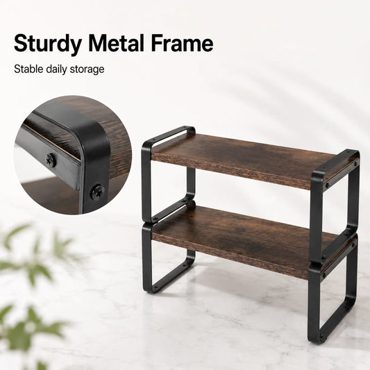 2 Tier Countertop Wooden Organizer Metal Frame Rustic Stand