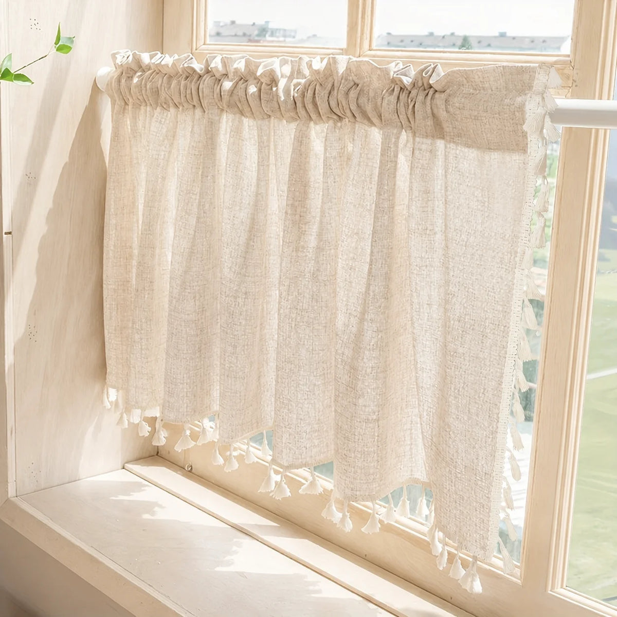 2PCS Natural Linen Curtains, Tassel Fringe for Kitchen Windows, Beige....