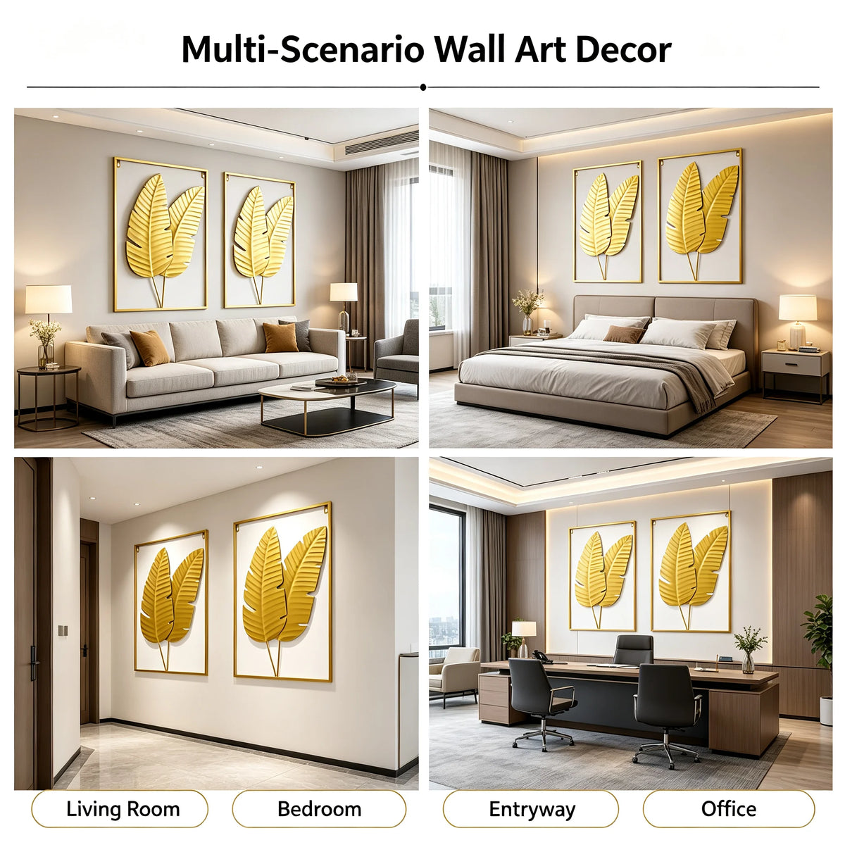 2PCS Gold Metal Leaf Wall Art Set, Begonia Leaf, W 16 In x H 24 In with Frame