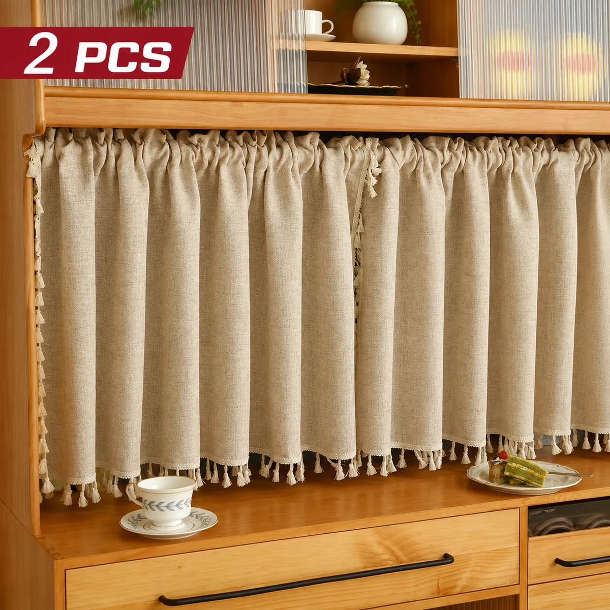 Beige Pinkish Curtains 30 inch Width 2 Panels, Sheer with Tassel for Kitchen Window Curtains, 2 Sizes