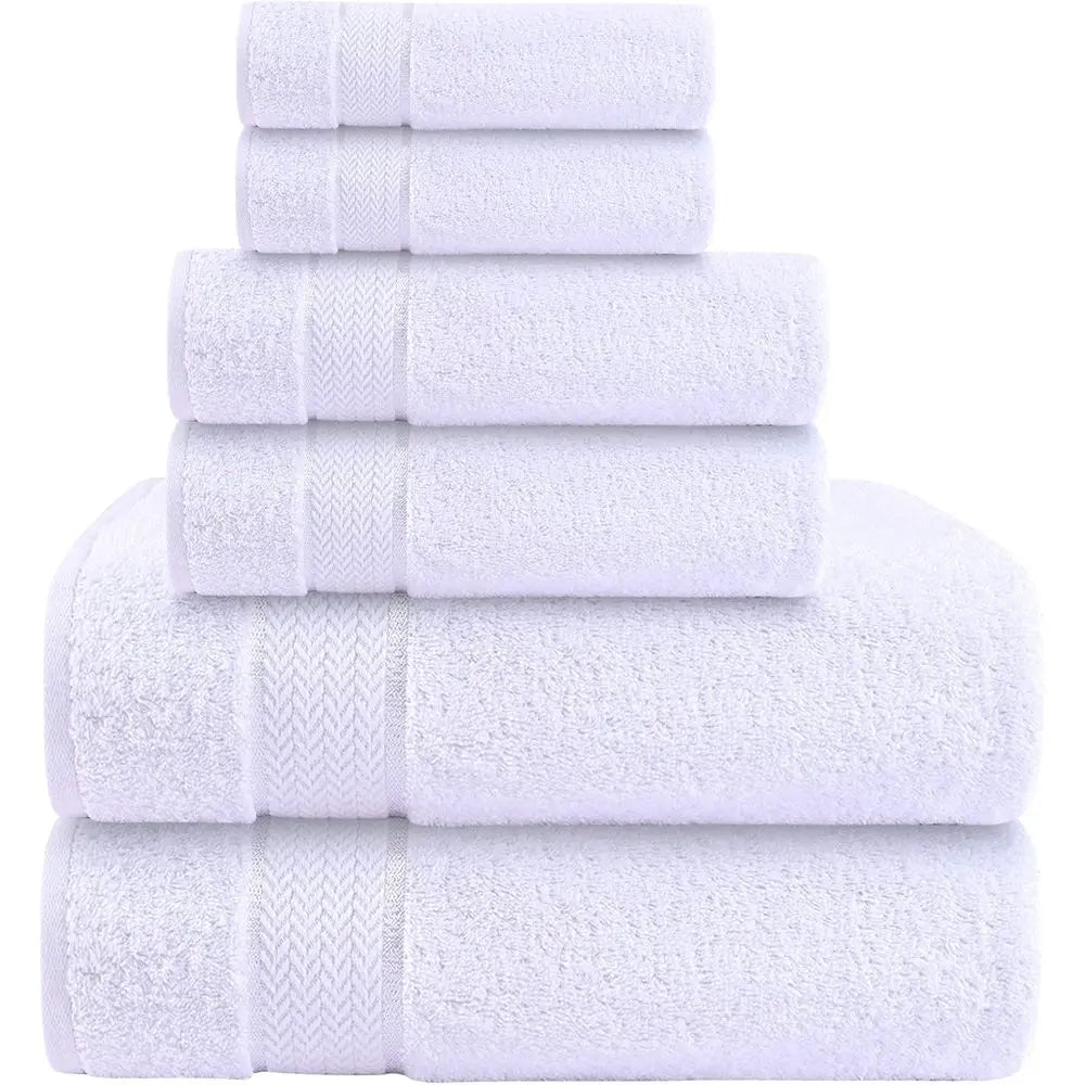 6-Piece Cotton Bath Towel Set - 2 Bath, 2 Hand, 2 Washcloths, White, 100% Cotton, Thick, Plush........
