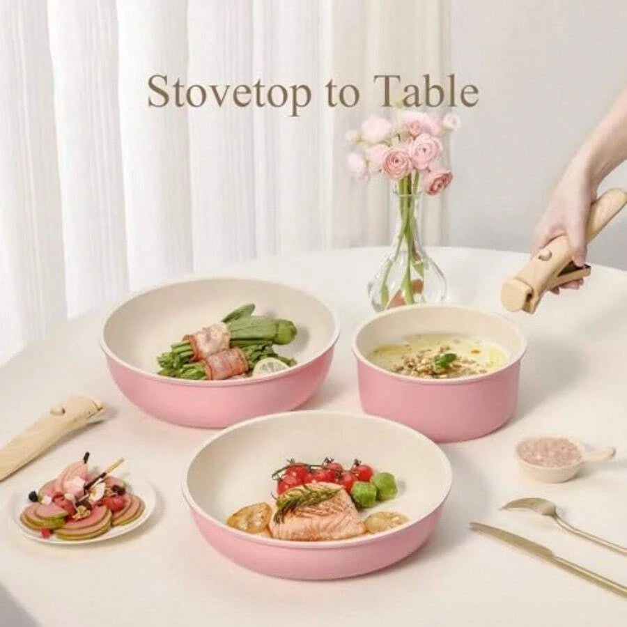 19pcs Non Stick, Cookware Set Detachable Handle, Dishwasher And Oven Safe, Pink, Black, Cream White And Sage Green....