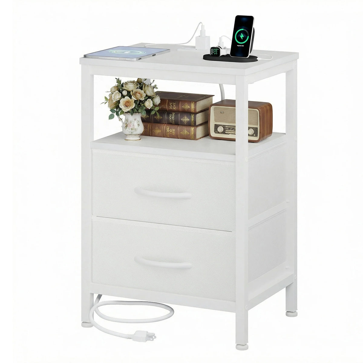 2 Fabric Drawers Bedside Night Stand with Open Shelf USB Ports