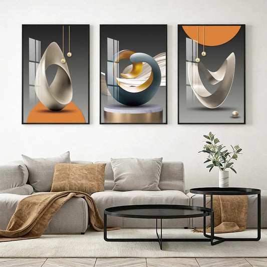 3 Panel Wall Art, Geometric Abstract 16x24 Inch Stereo Shape Stone Framed Wall Prints