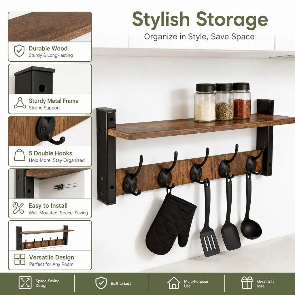 Wooden Wall Mounted Coat Rack with 5 Hooks