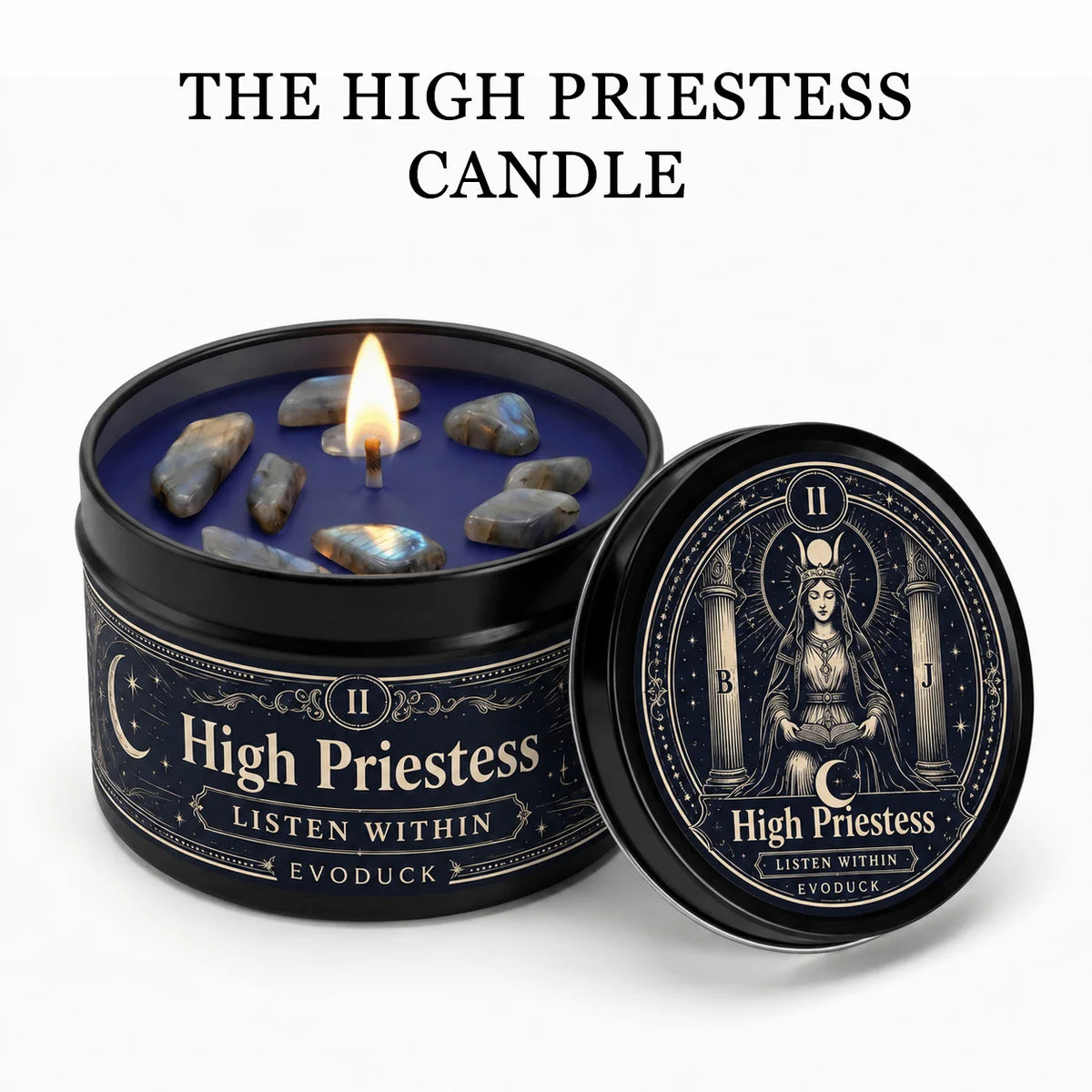 The High Priestess Tarot Candle with Blue Grey Crystal Stones, 3/2/1 Sets, Scented for Meditation, 3 Oz