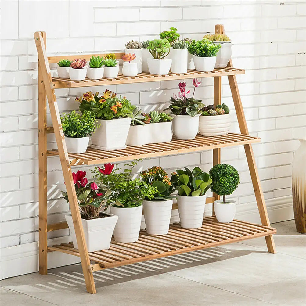70/100cm Natural Bamboo Plant Stand Folding 3 Tier Flower Pot Display, Indoor Outdoor....