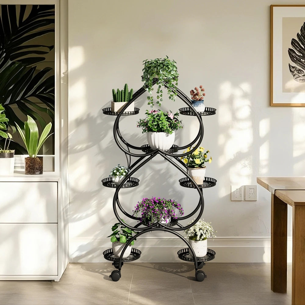 Metal Plant Stand 9-Pot Diameter 9.84 inch, Rolling Display Rack With Wheels Indoor Outdoor, 28.74x11.81x48.82 inches