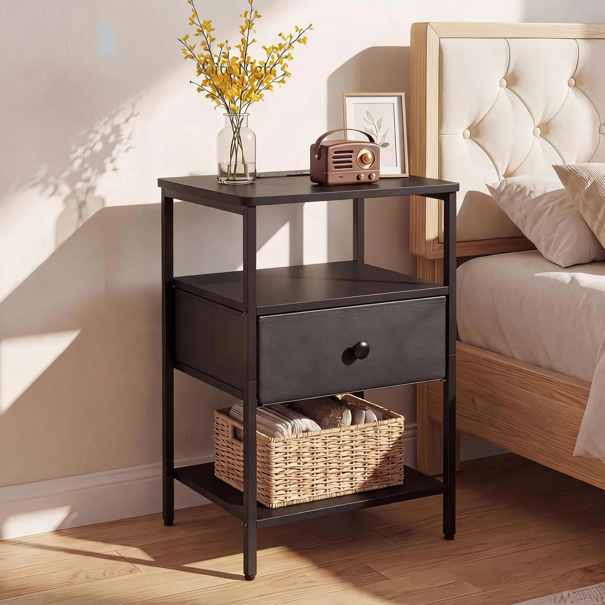 Nightstand With Charging Station, 3-Tier With Fabric Drawer, Metal Frame