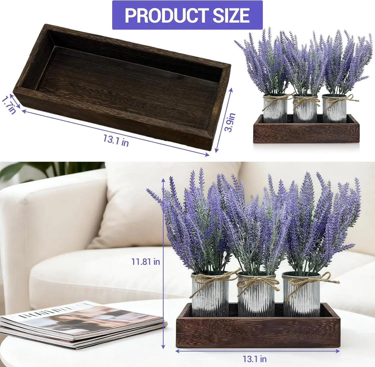 3-Piece Lavender Flowers Artificial with Wood Tray Set, with Galvanized Metal Bucket,
