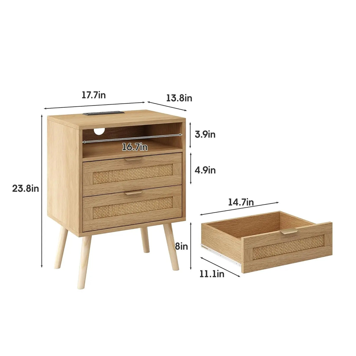 Real Rattan Nightstands Set of 2 with Charging Station and Led Light