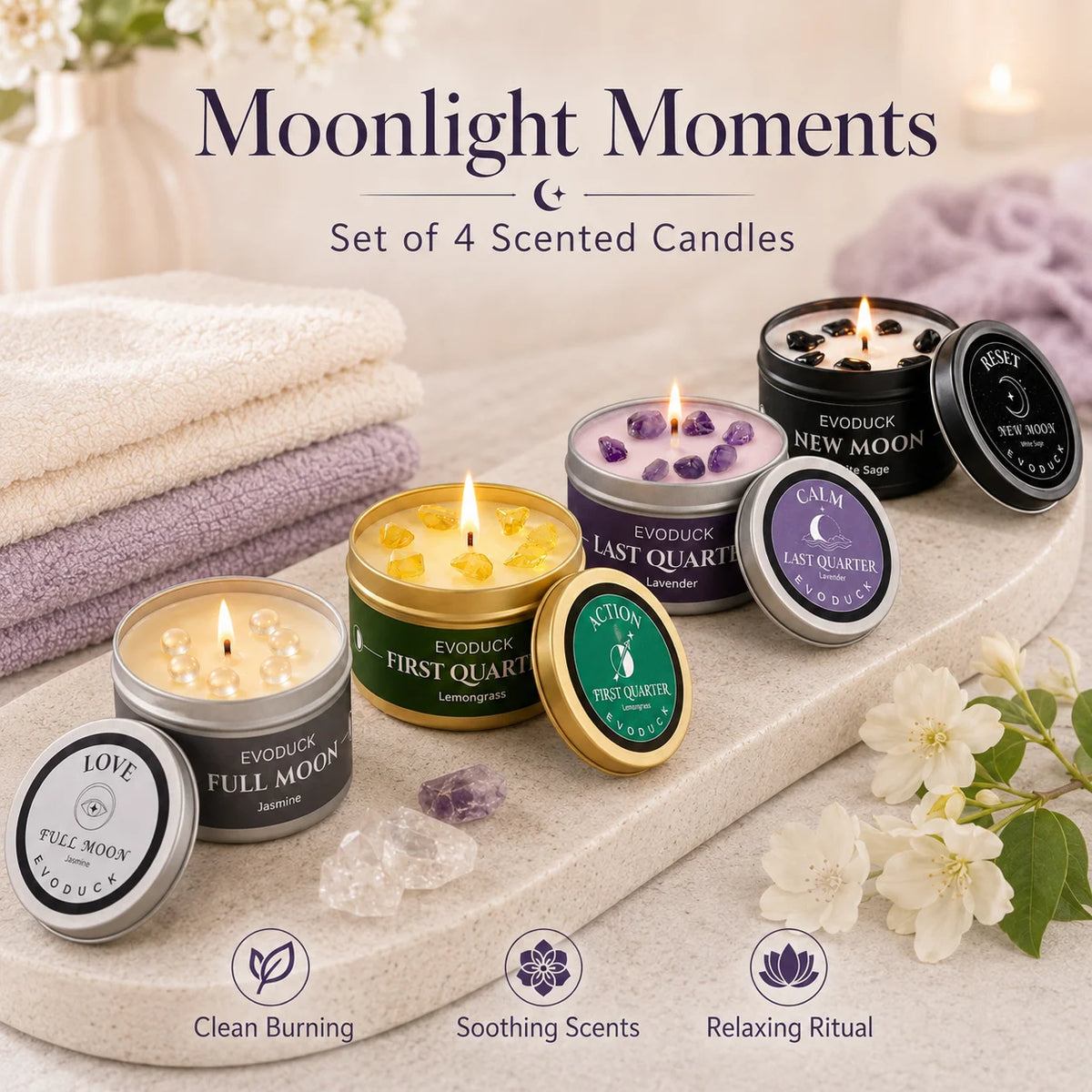 Moon Phase Crystal Scented Candle Set, 3oz White Sage, Lemongrass, Jasmine and Lavender Aromatherapy, 9 Different variations Sets.....