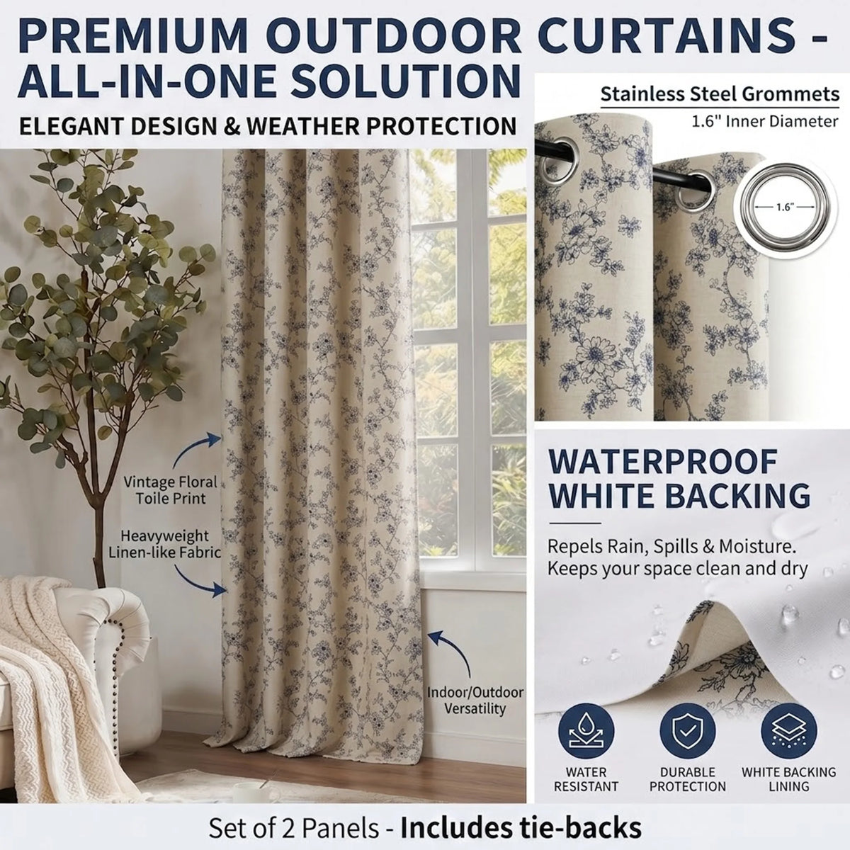 4 Sizes 2 Panels Floral Print Blackout Curtains, Grommet Top, 4 Colors.....