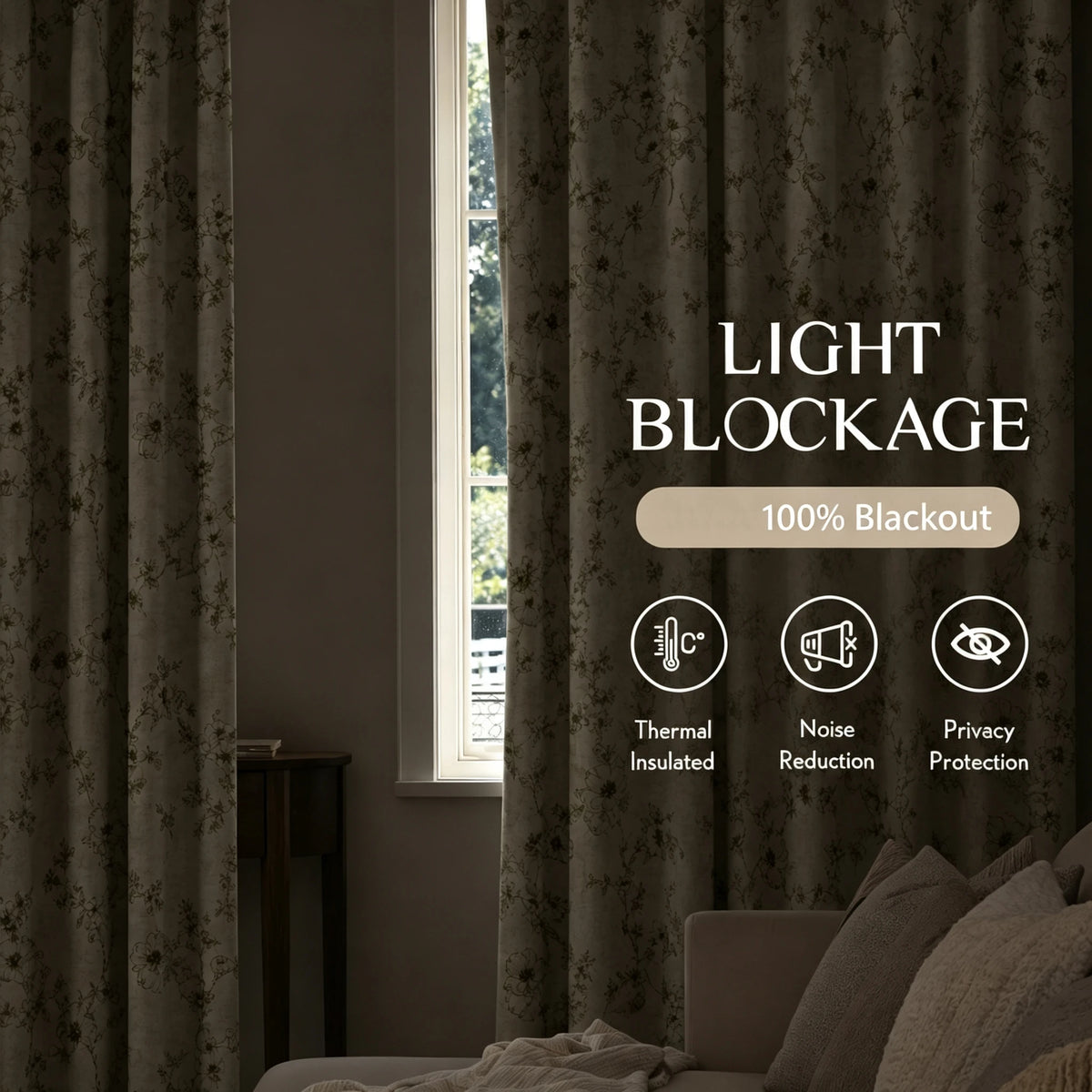 Botanical Green Floral Blackout Curtains 4 Panels Set, Total Blackout, with White Coating Backing, 4 Sizes.....