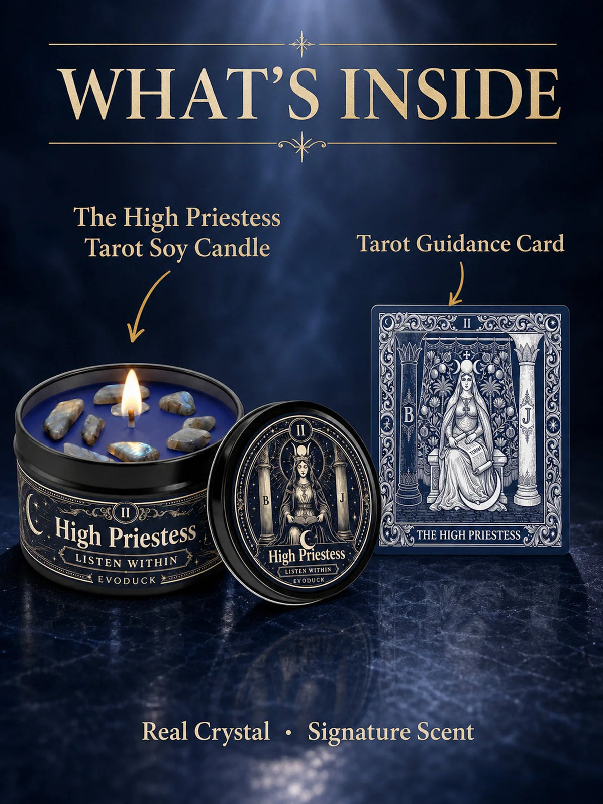 The High Priestess Tarot Candle with Blue Grey Crystal Stones, 3/2/1 Sets, Scented for Meditation, 3 Oz
