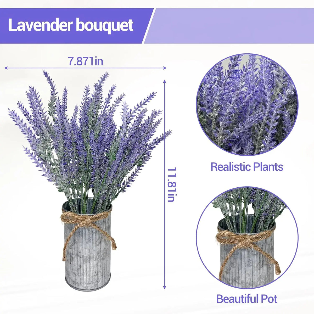 3-Piece Lavender Flowers Artificial with Wood Tray Set, with Galvanized Metal Bucket,