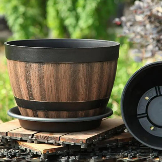 Rustic Whiskey Barrel Planter, Wooden Plastic Flower Pot with Drainage Holes....