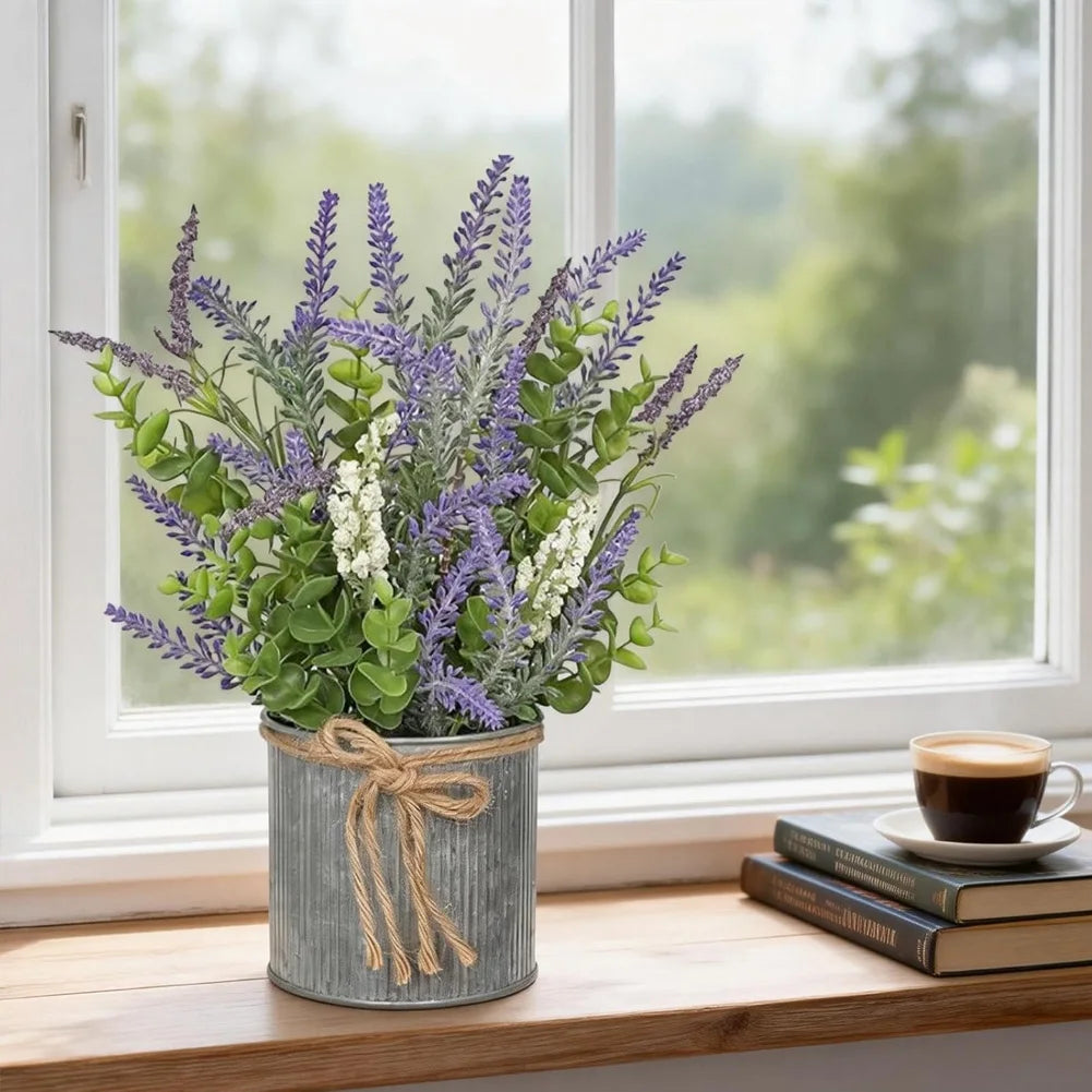 2-Piece Lavender Artificial Flowers & Foam Fruit+Eucalyptus Set, with Galvanized Metal Bucket