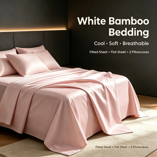 Pink 4 Pieces Bedding Set 80% Bamboo Fiber 20% Polyester Silky Smooth, Duvet Cover Sheet Pillowcase, Queen King Full Twin