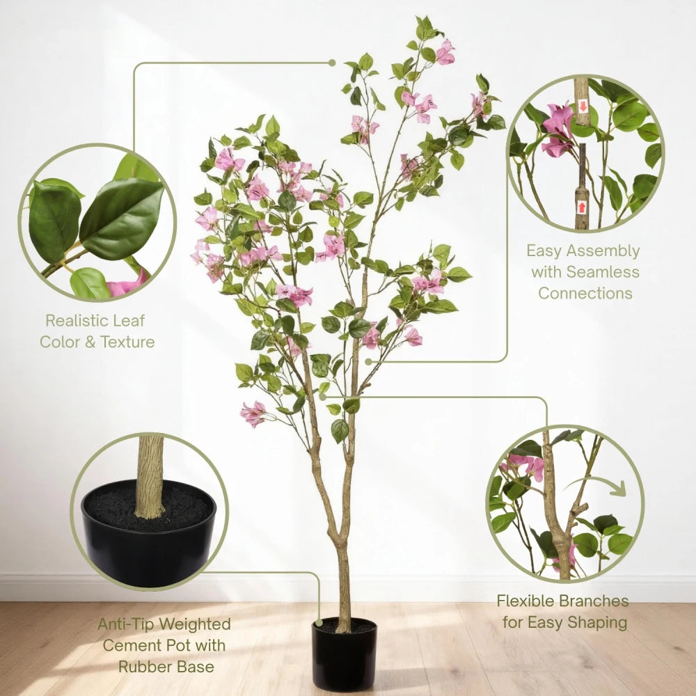 5FT Artificial Bougainvillea Flowering Tree with Black Plastic Pot, Realistic...