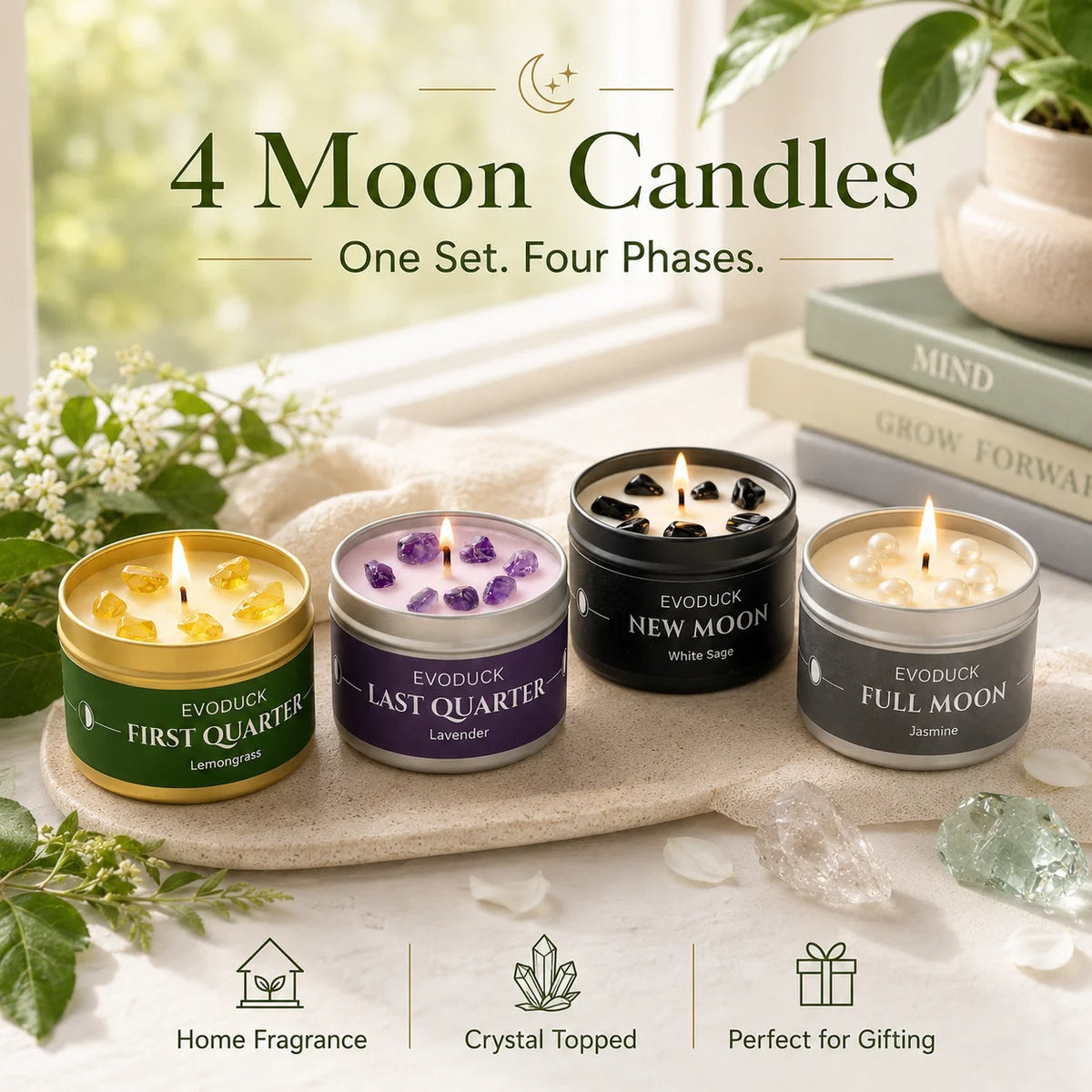 Moon Phase Crystal Scented Candle Set, 3oz White Sage, Lemongrass, Jasmine and Lavender Aromatherapy, 9 Different variations Sets.....