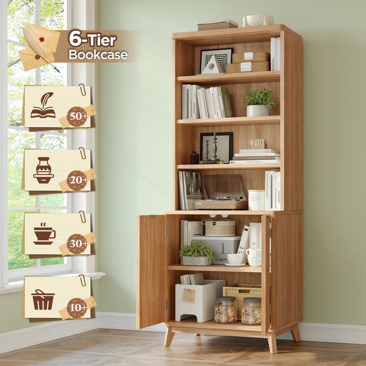 6-Tier Wooden Bookshelf, With Doors & Adjustable Shelves, Walnut....
