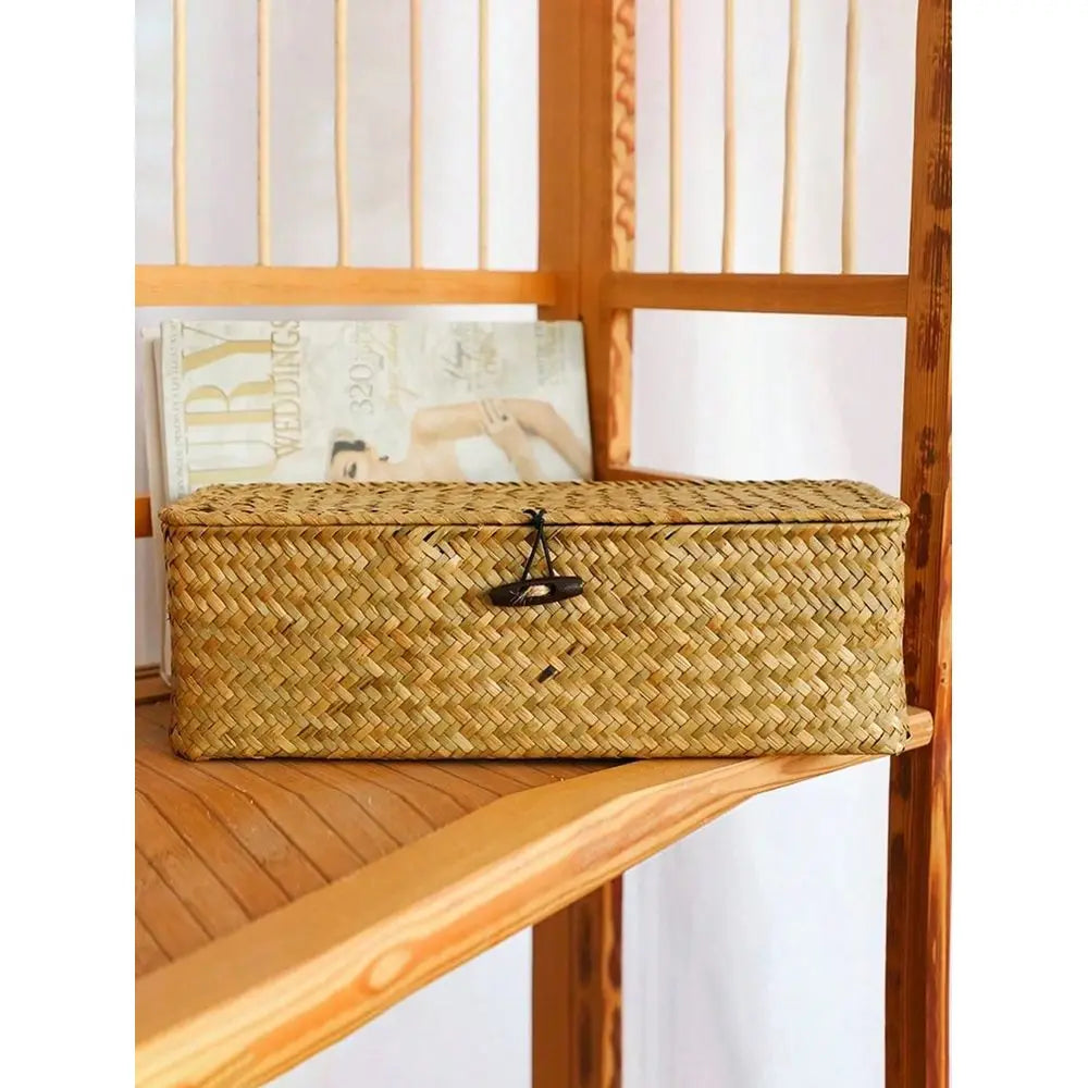 1pc Handwoven Rattan Seagrass Rustic Storage Basket With Lid...