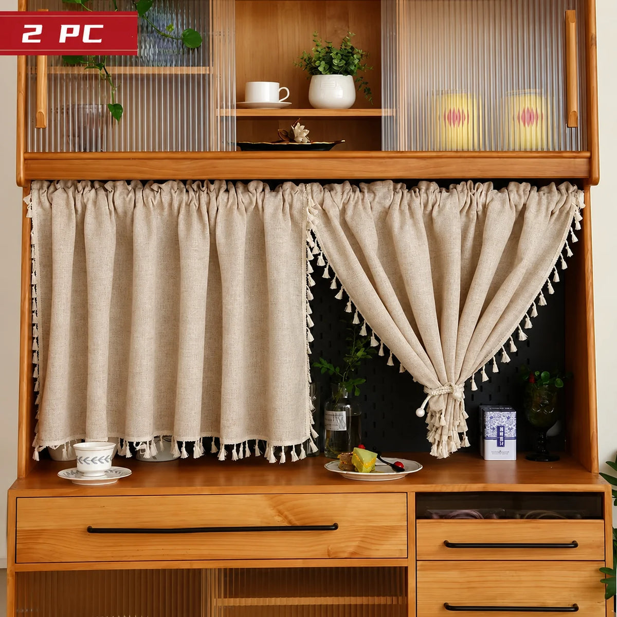 Beige Pinkish Curtains 30 inch Width 2 Panels, Sheer with Tassel for Kitchen Window Curtains, 2 Sizes