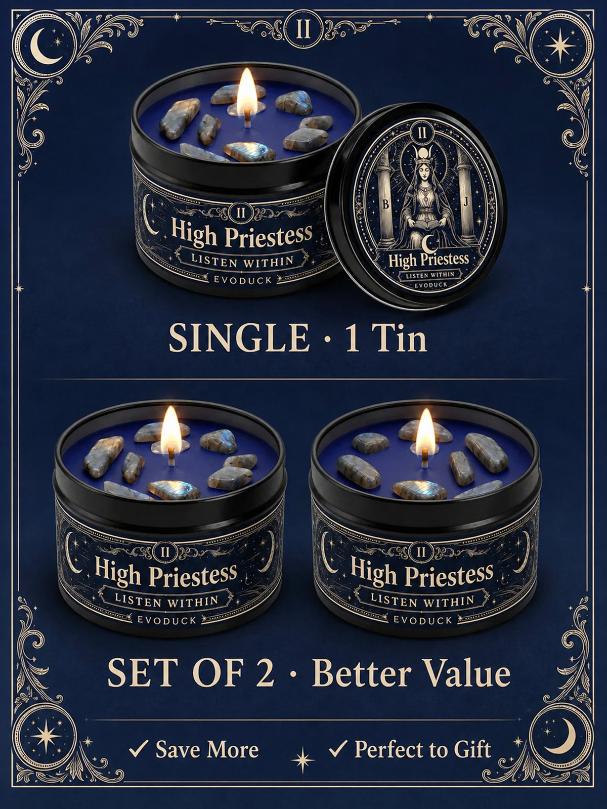 The High Priestess Tarot Candle with Blue Grey Crystal Stones, 3/2/1 Sets, Scented for Meditation, 3 Oz