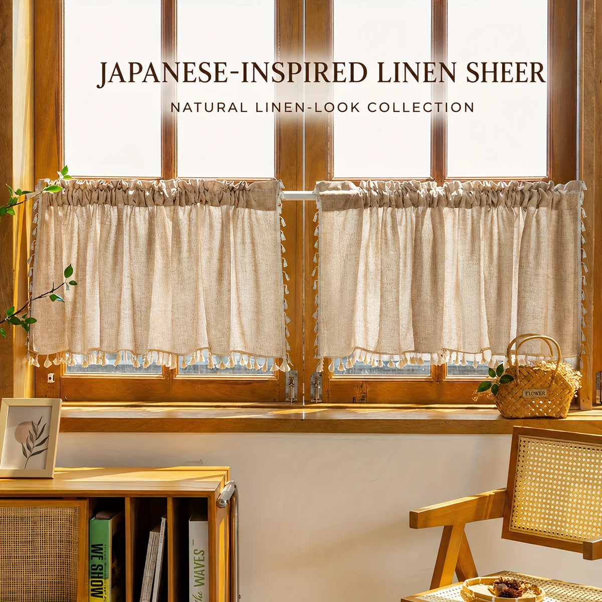 Rod Pocket, Linen Sheer Curtains Beige Color, 2 Panels