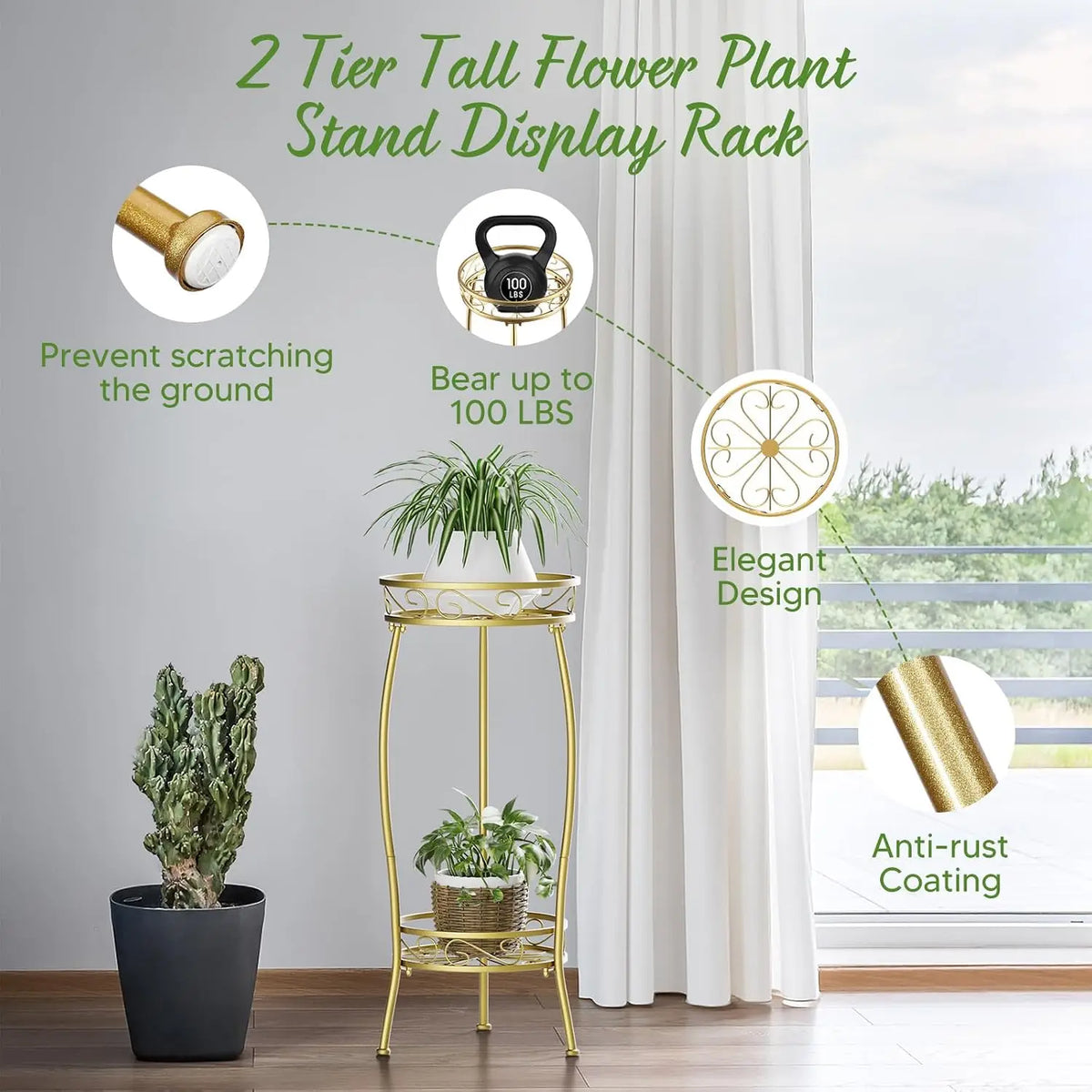 2 Tier Metal Plant Stand Indoor, 26.5", Heavy Duty Rustproof