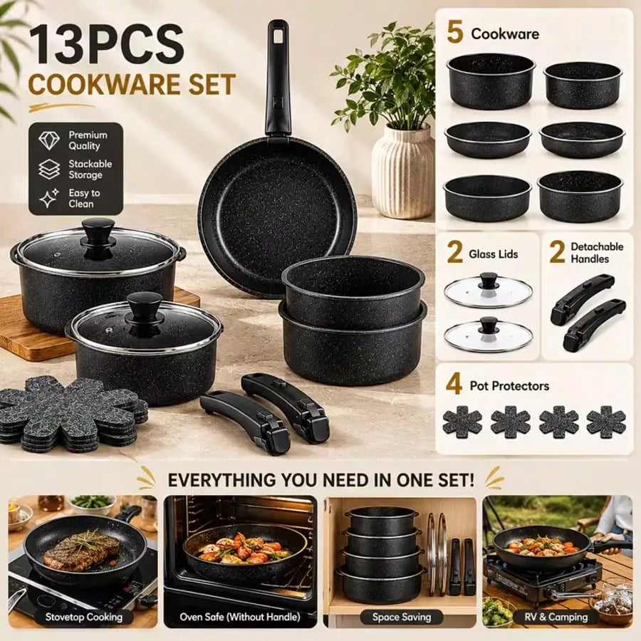 13PCS Nonstick Cookware Set With Detachable Handles, Matte Black Stackable Pots And Pans...