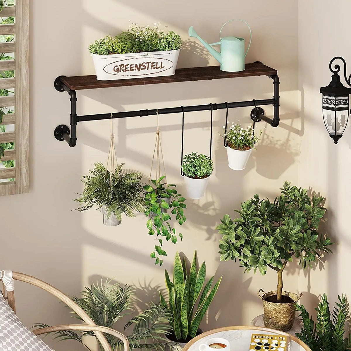 Rustic Wall Mounted Metal Clothes Hanging Rack with Wood Shelf, 39.3x9.8x8.6 inch....