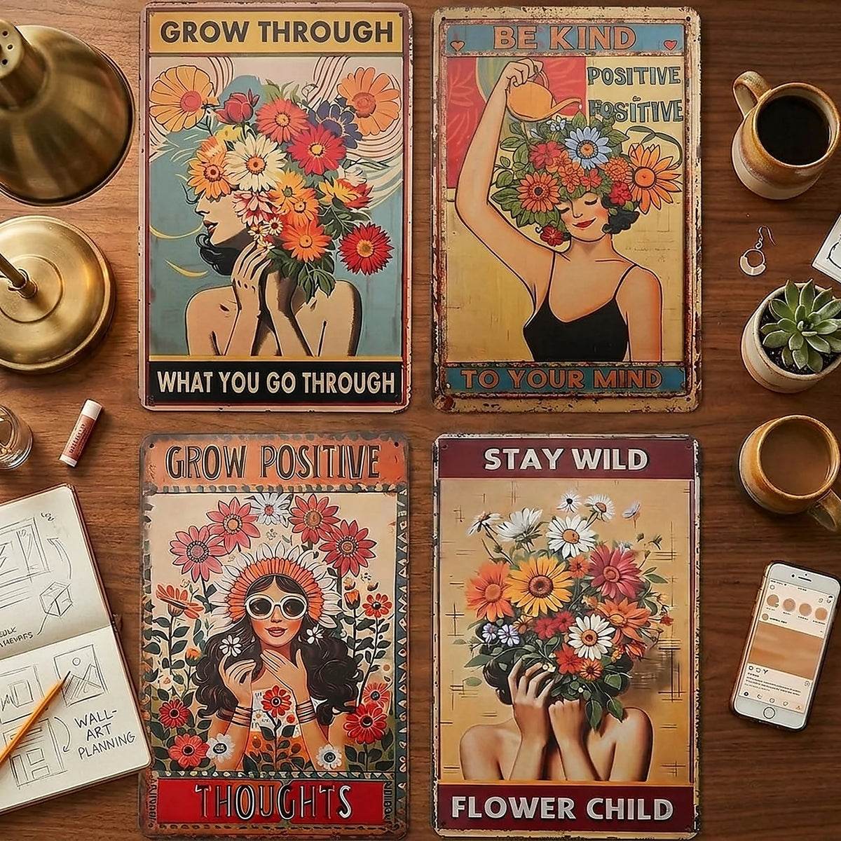 4 Piece Retro Tin Metal Sign Set, Wall Art ....