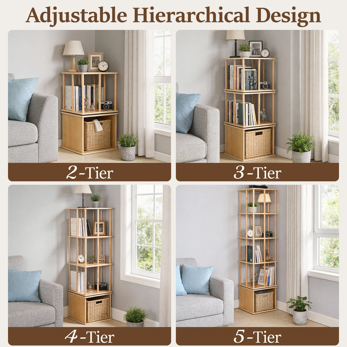 5-Tier Rotating Bookshelf, Solid Wood Bookcase, Freestanding Revolving Shelf.....