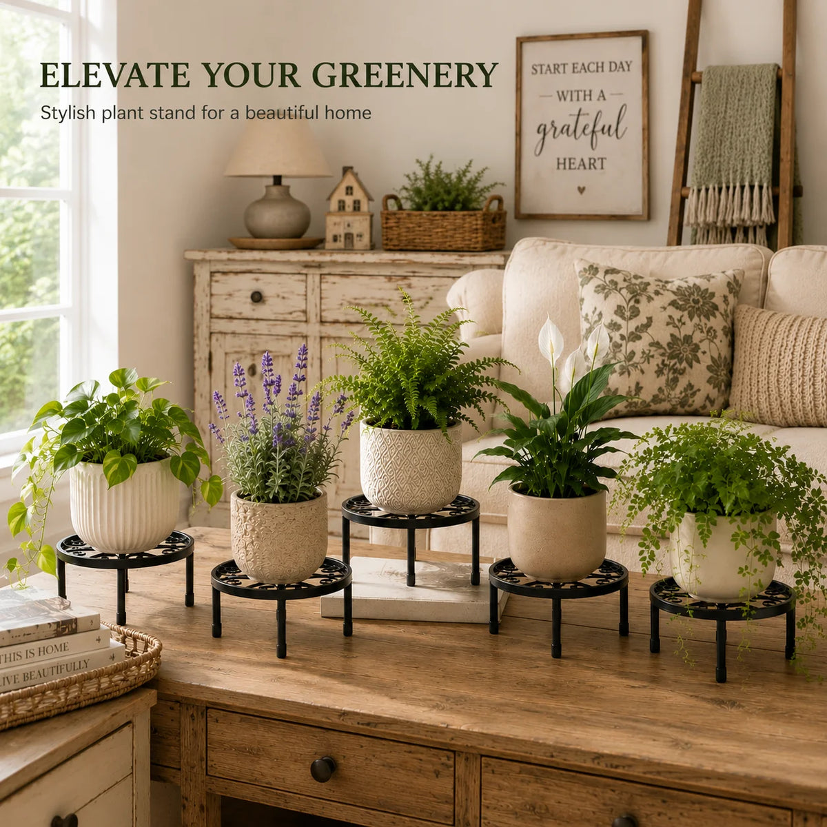 Metal Plant Stand, Black, with Raised Edge, Indoor & Outdoor....