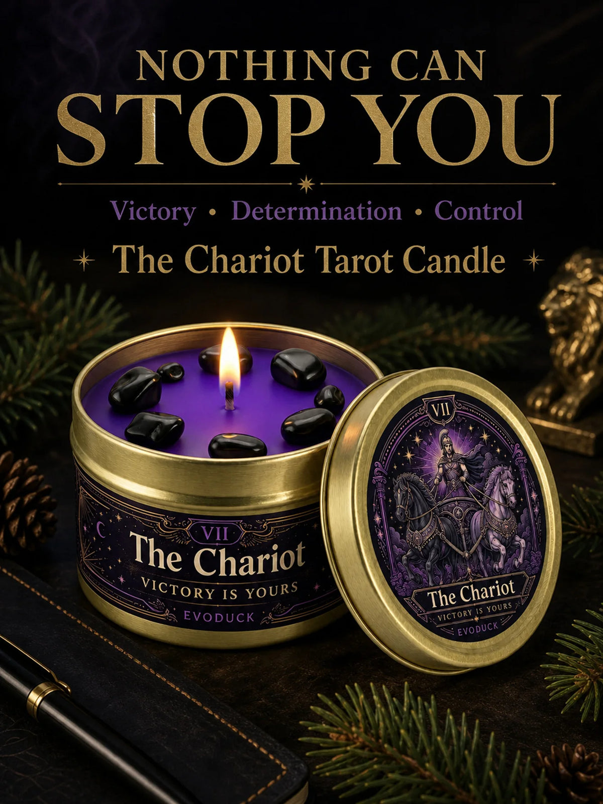 3/2/1 Sets, The Chariot Tarot Candle with Black Crystal Stones, Purple Wax Scented for Meditation, 3 Oz....